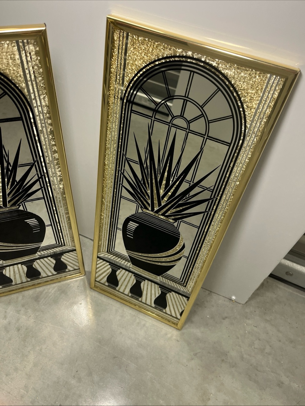 Vintage 80’s Gold Black Plant Vase Etched Mirrors Wall Art Pair Wall Decor - Picture 5 of 11